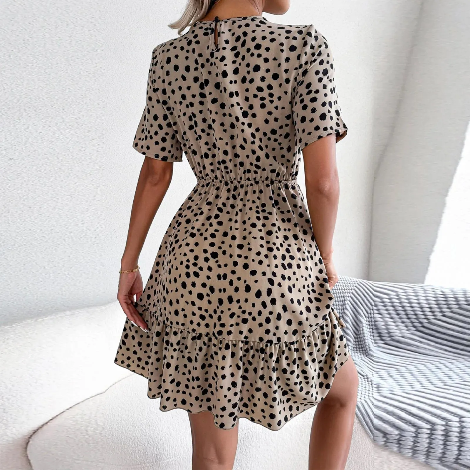 2024 Casual Summer Flower Beach Polka Dot Waist Ruffle Swing Midi Dress