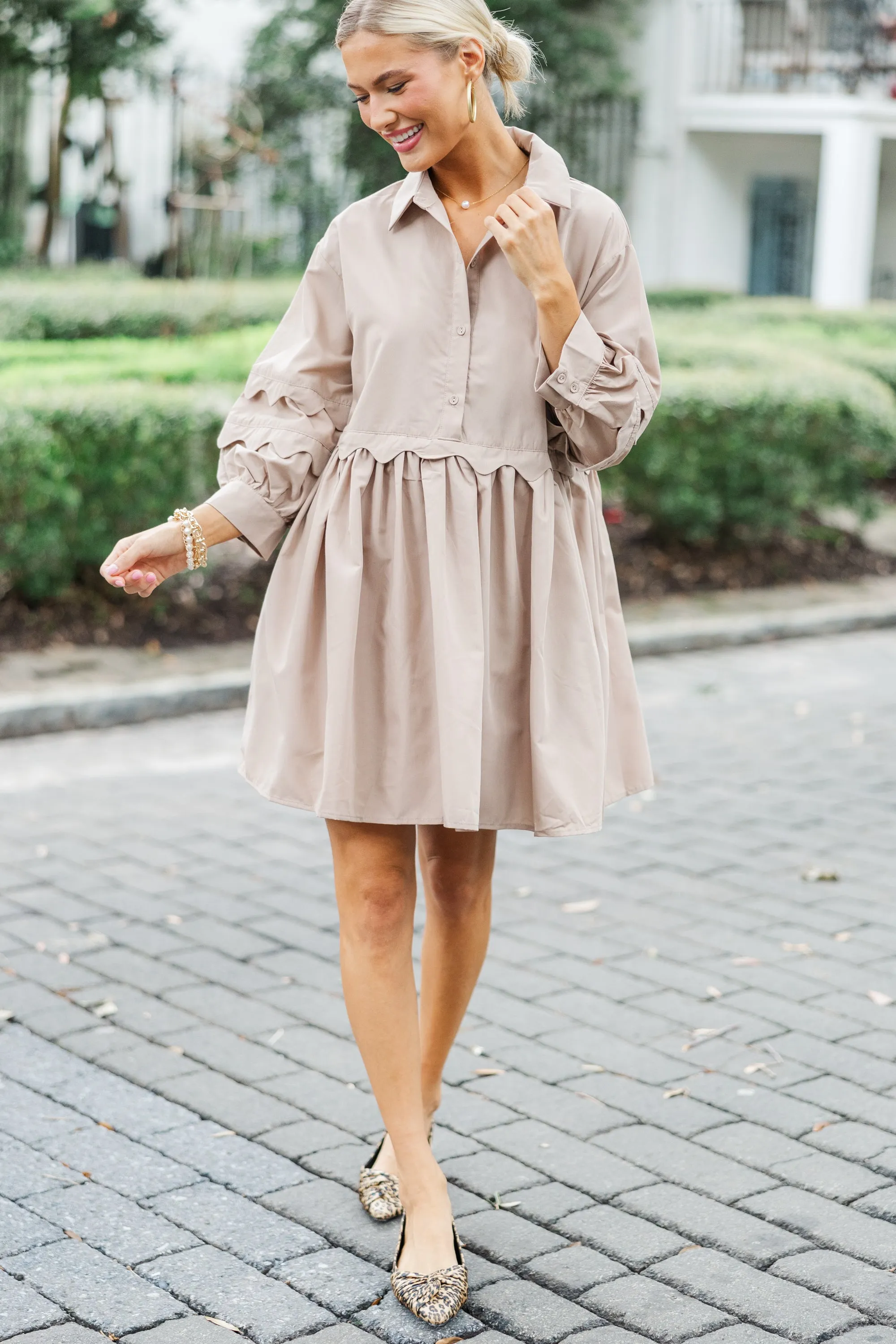 All The Best Taupe Brown Scalloped Dress