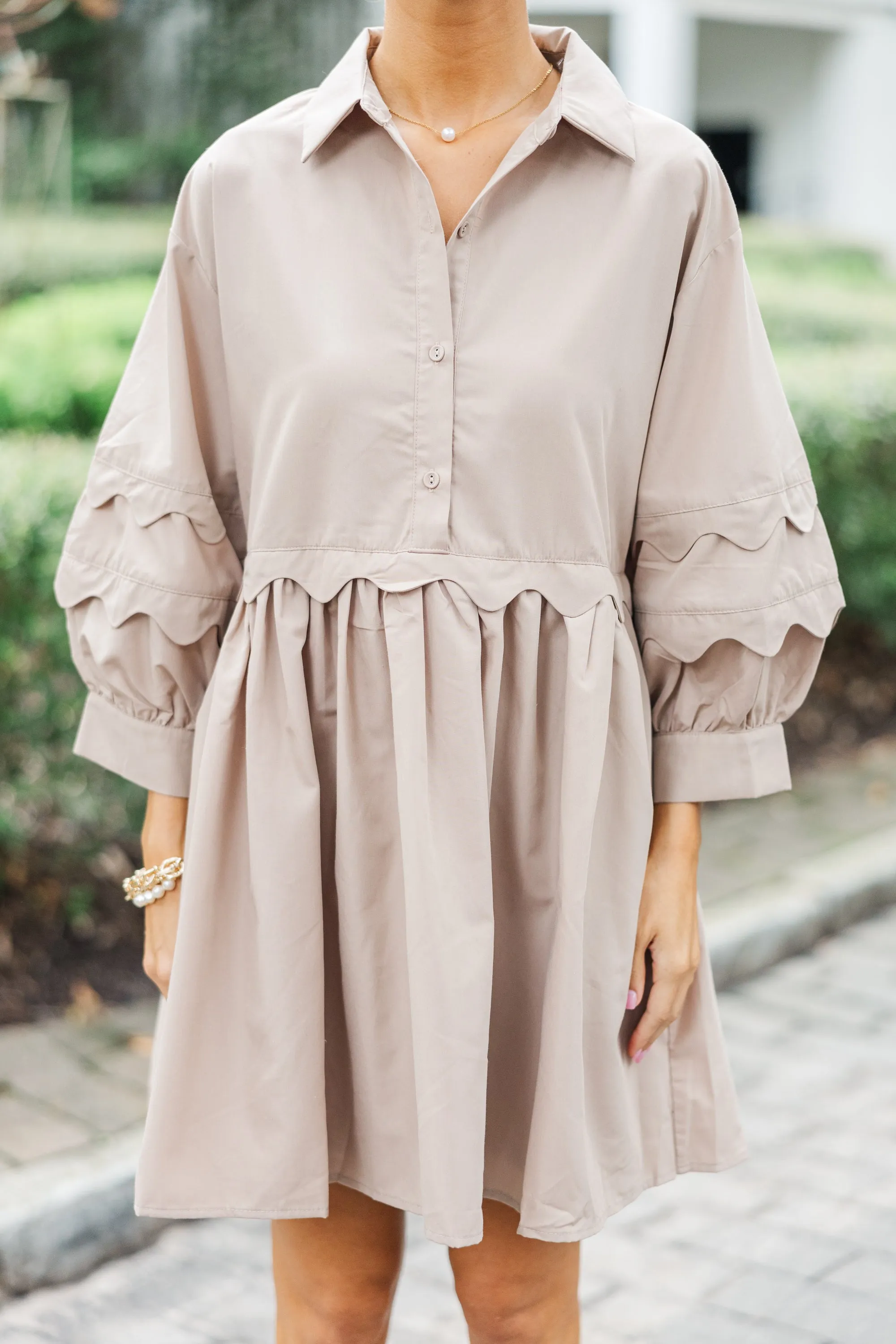 All The Best Taupe Brown Scalloped Dress