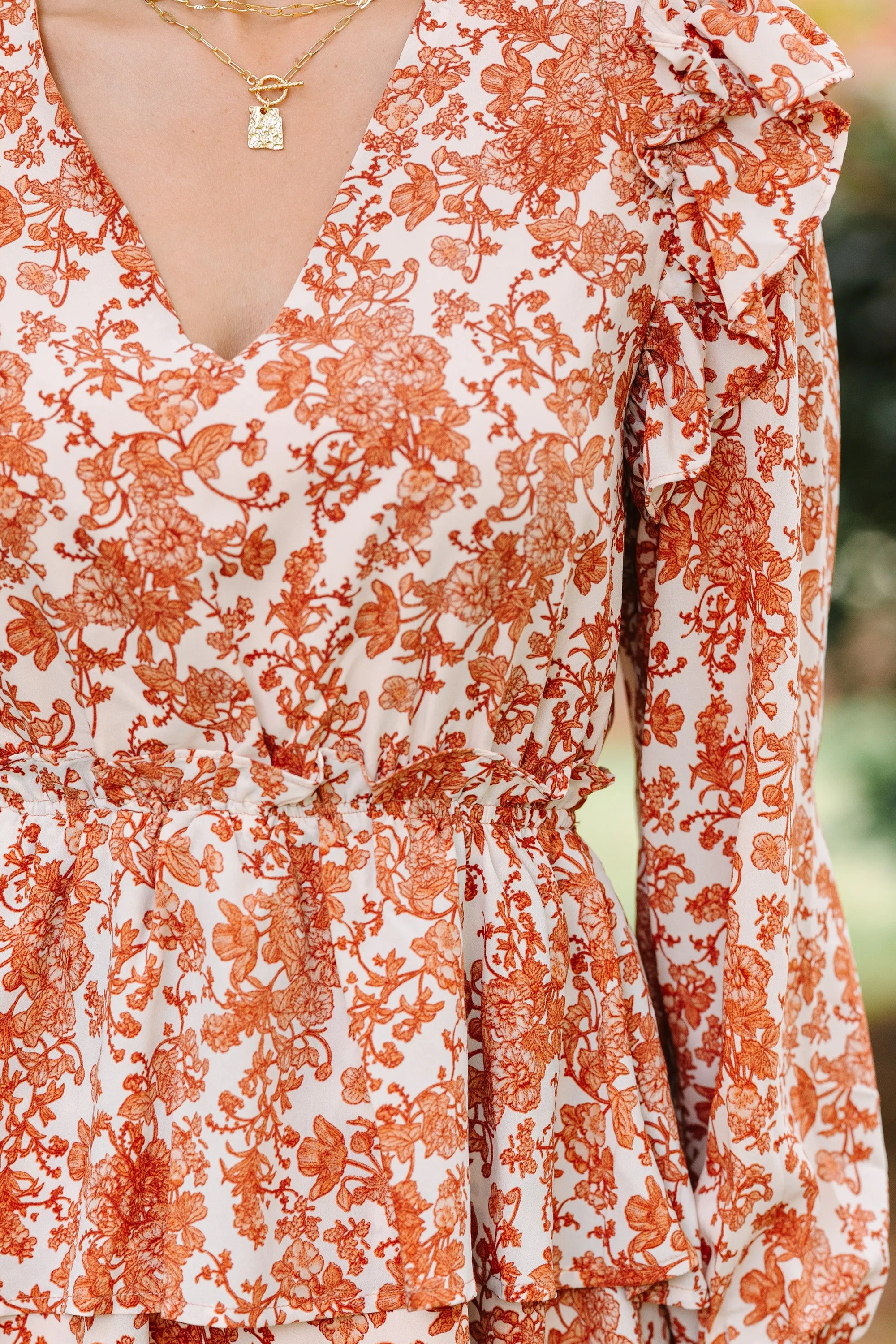 Always A Fan Rust Orange Floral Dress