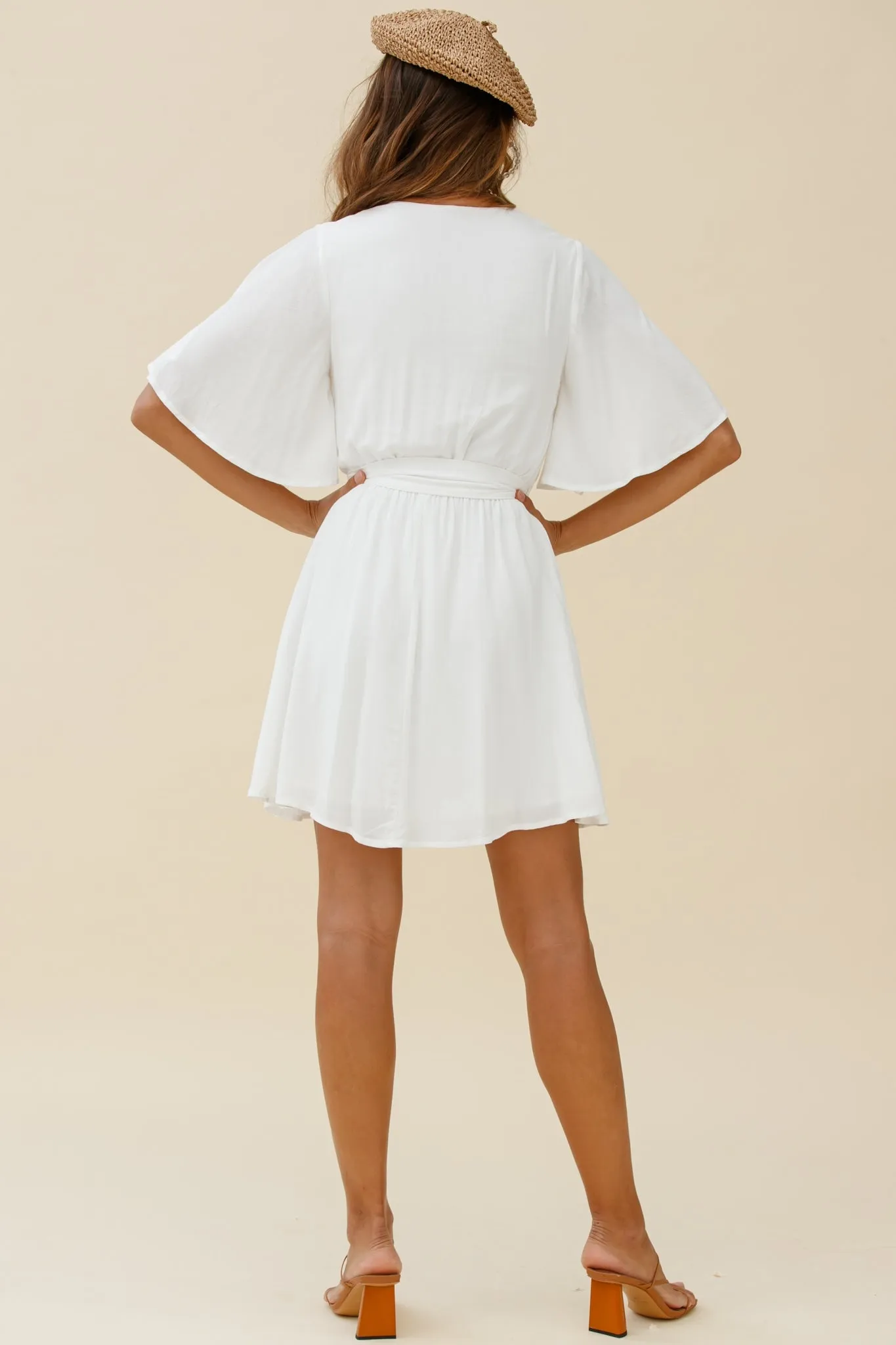 Angela Lace-Trimmed Bust Angel Sleeve Dress White