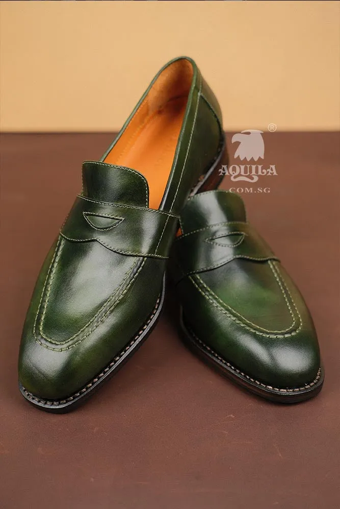 Aquila Green Leather Loafers