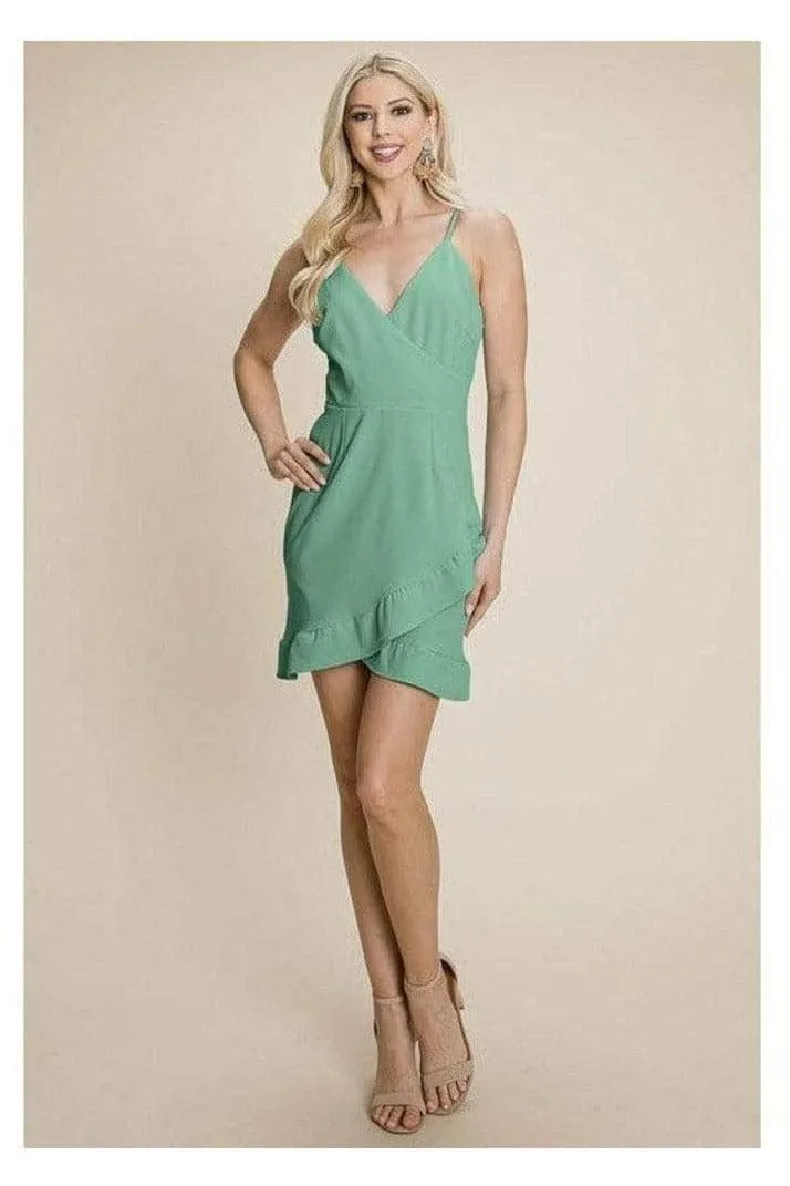 Asymmetrical Ruffle Hem Wrap Mini Dress