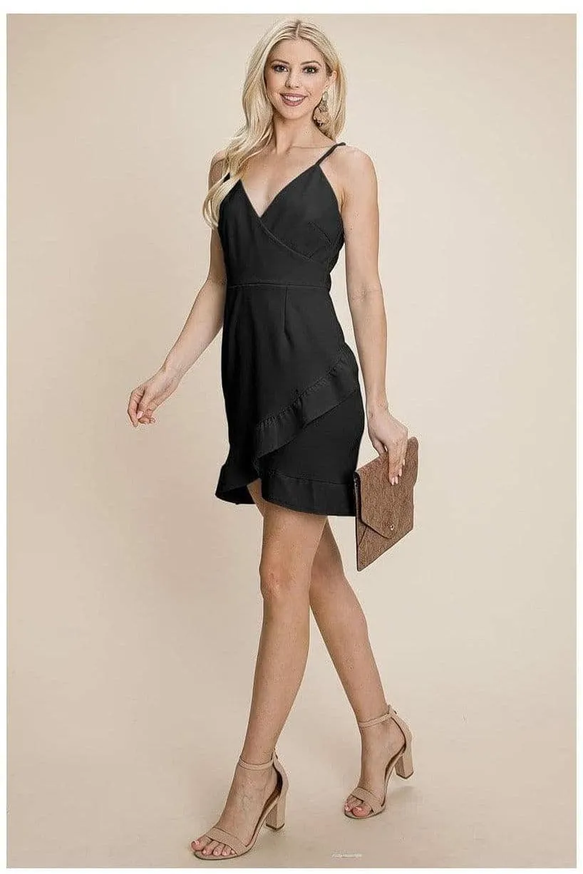 Asymmetrical Ruffle Hem Wrap Mini Dress