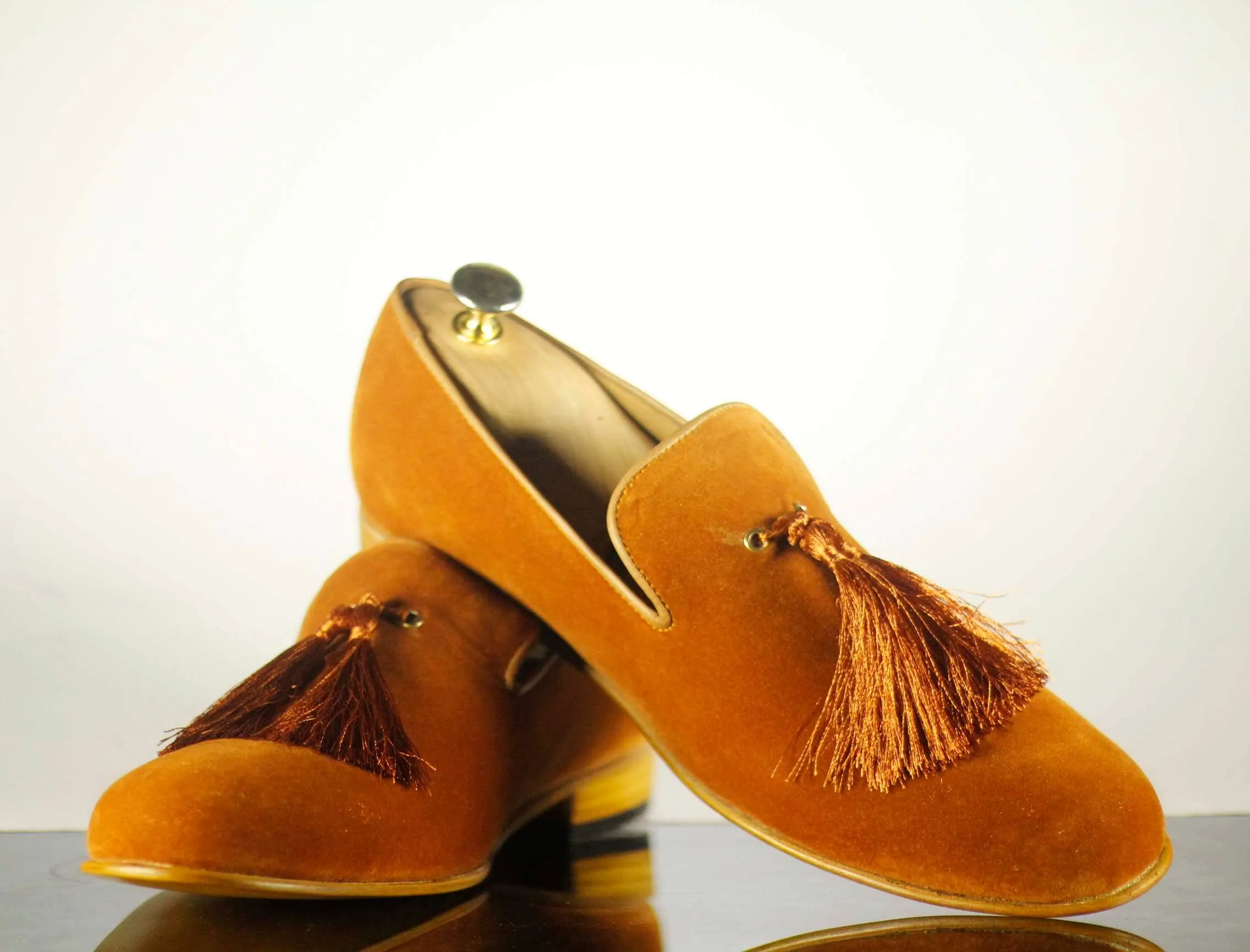 Awesome Handmade Men's Tan Velvet Tassel Loafer Shoes, Men Designer Dress Formal Luxury Shoes