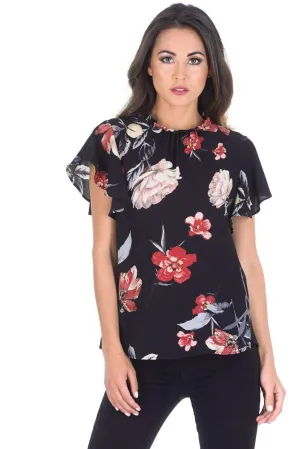 Black Floral Frill Floaty Top