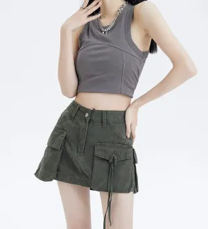 Cargo Pocket Drawstring Mini Skirt