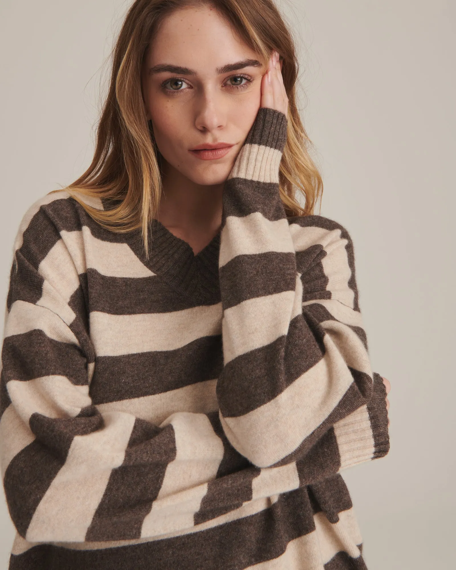 Cashmere Striped Boyfriend V-Neck Sweater