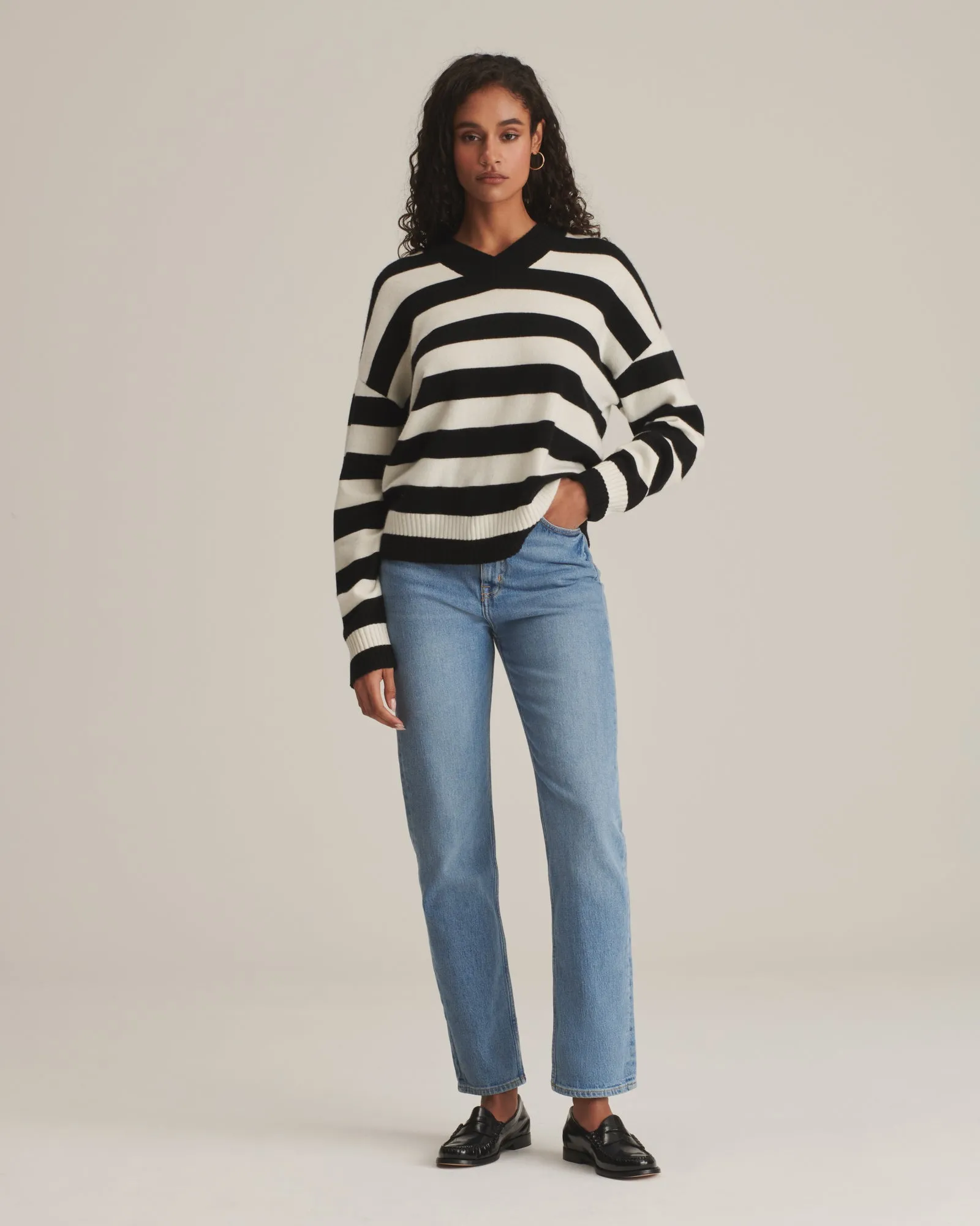 Cashmere Striped Boyfriend V-Neck Sweater