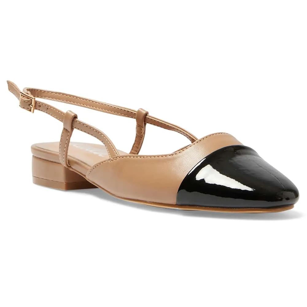 Cleo Flat in Black And Camel Patent