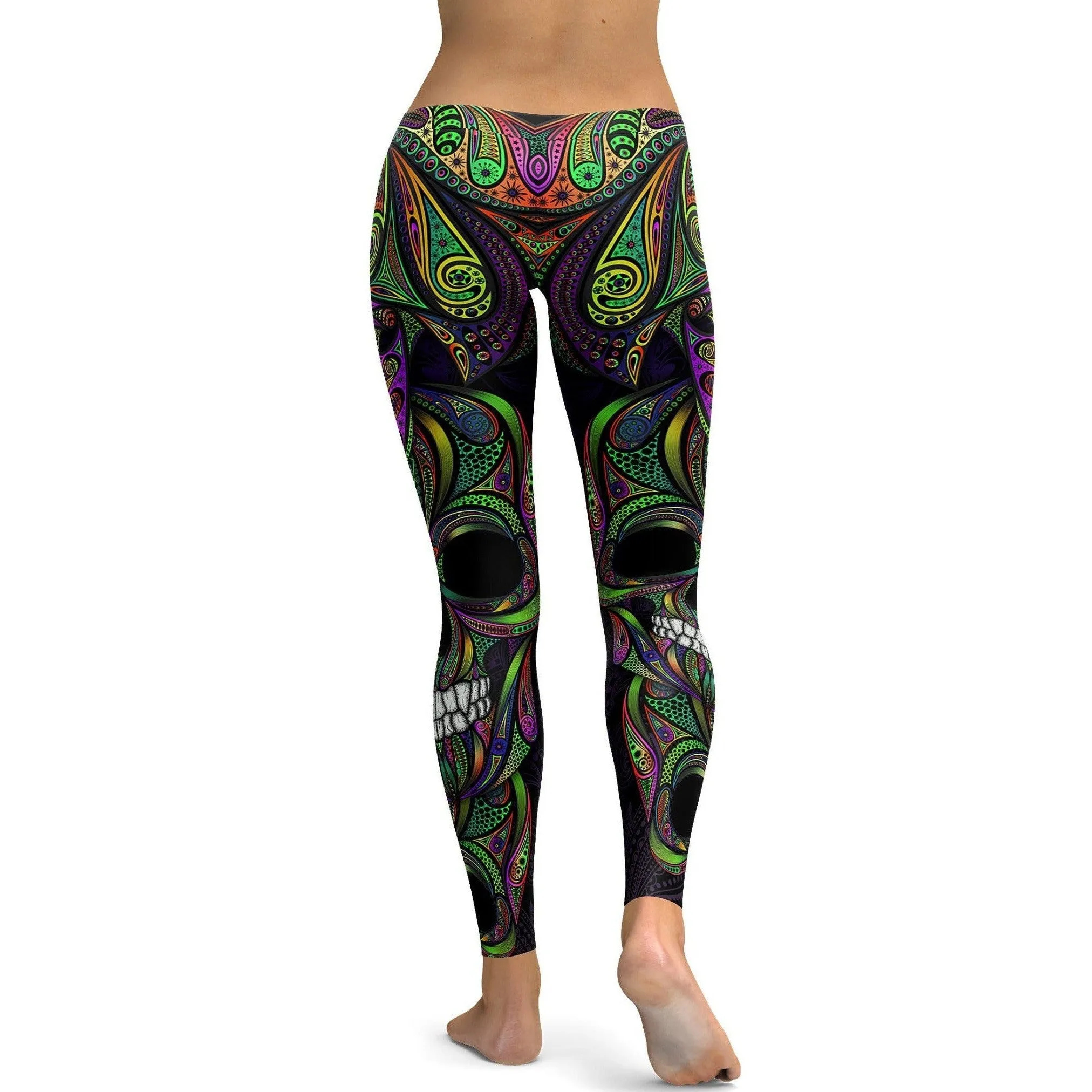 Colorful Green Ornamental Skull Leggings