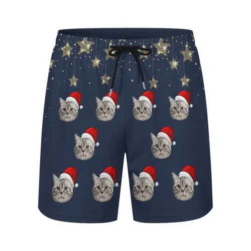 Custom Pet Face Cat Star Christmas Red Hat Men's Crewneck Sweatshirt&2in1 Pockets Shorts Set