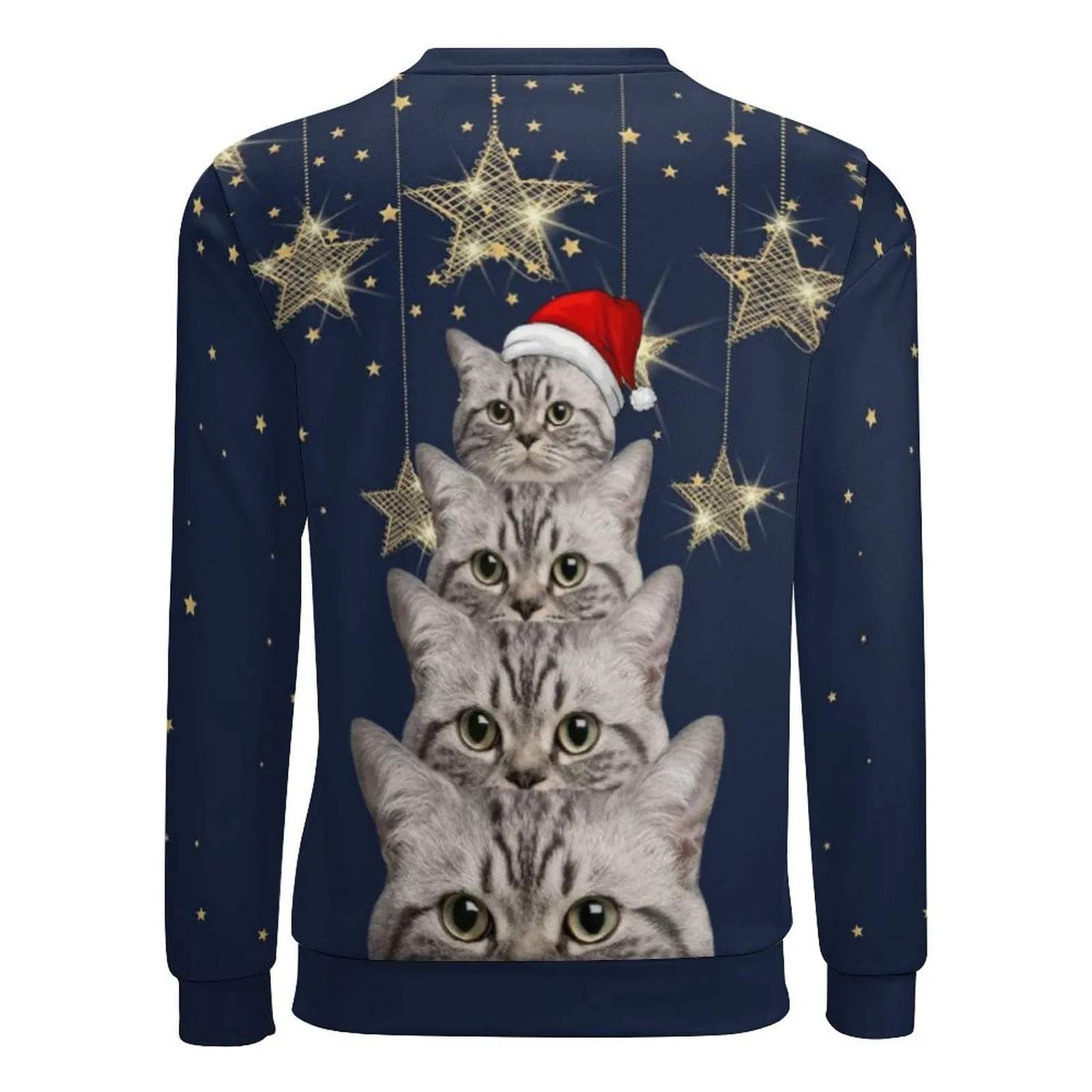 Custom Pet Face Cat Star Christmas Red Hat Men's Crewneck Sweatshirt&2in1 Pockets Shorts Set