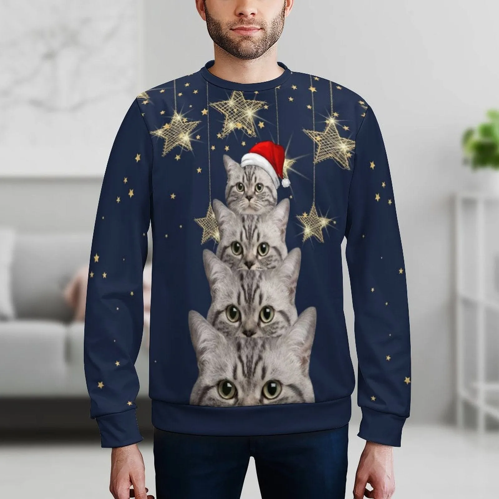 Custom Pet Face Cat Star Christmas Red Hat Men's Crewneck Sweatshirt&2in1 Pockets Shorts Set