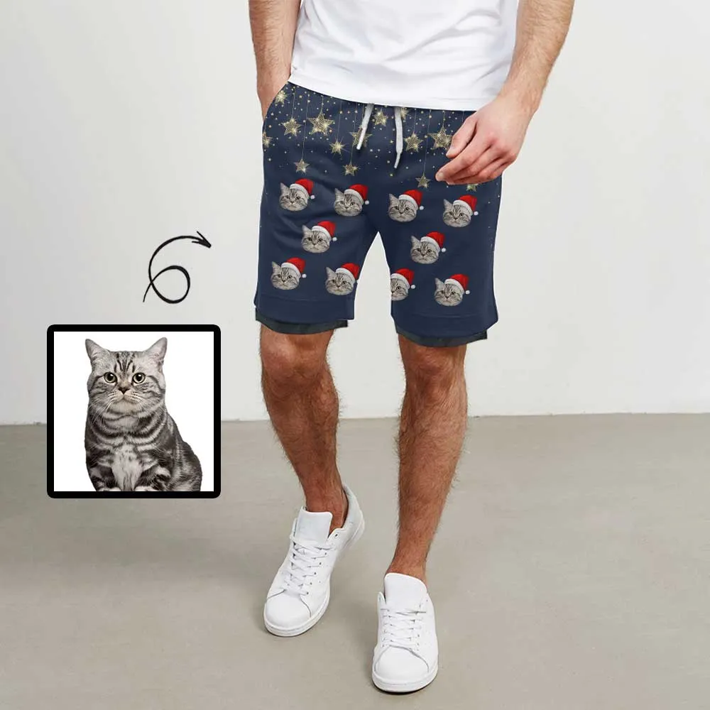 Custom Pet Face Cat Star Christmas Red Hat Men's Crewneck Sweatshirt&2in1 Pockets Shorts Set