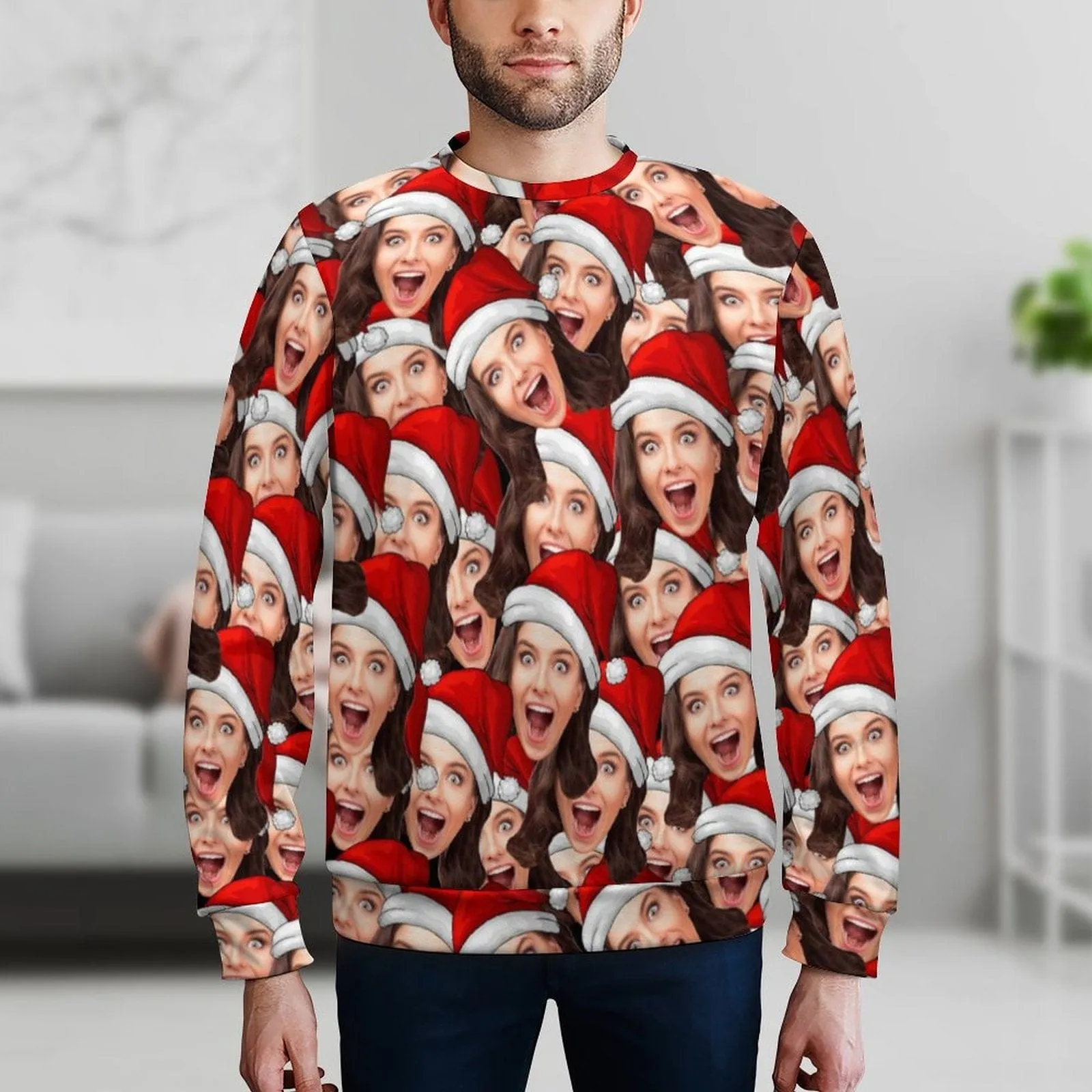 Custom Seamless Face Christmas Red Hat Men's Crewneck Sweatshirt&2in1 Pockets Shorts Set