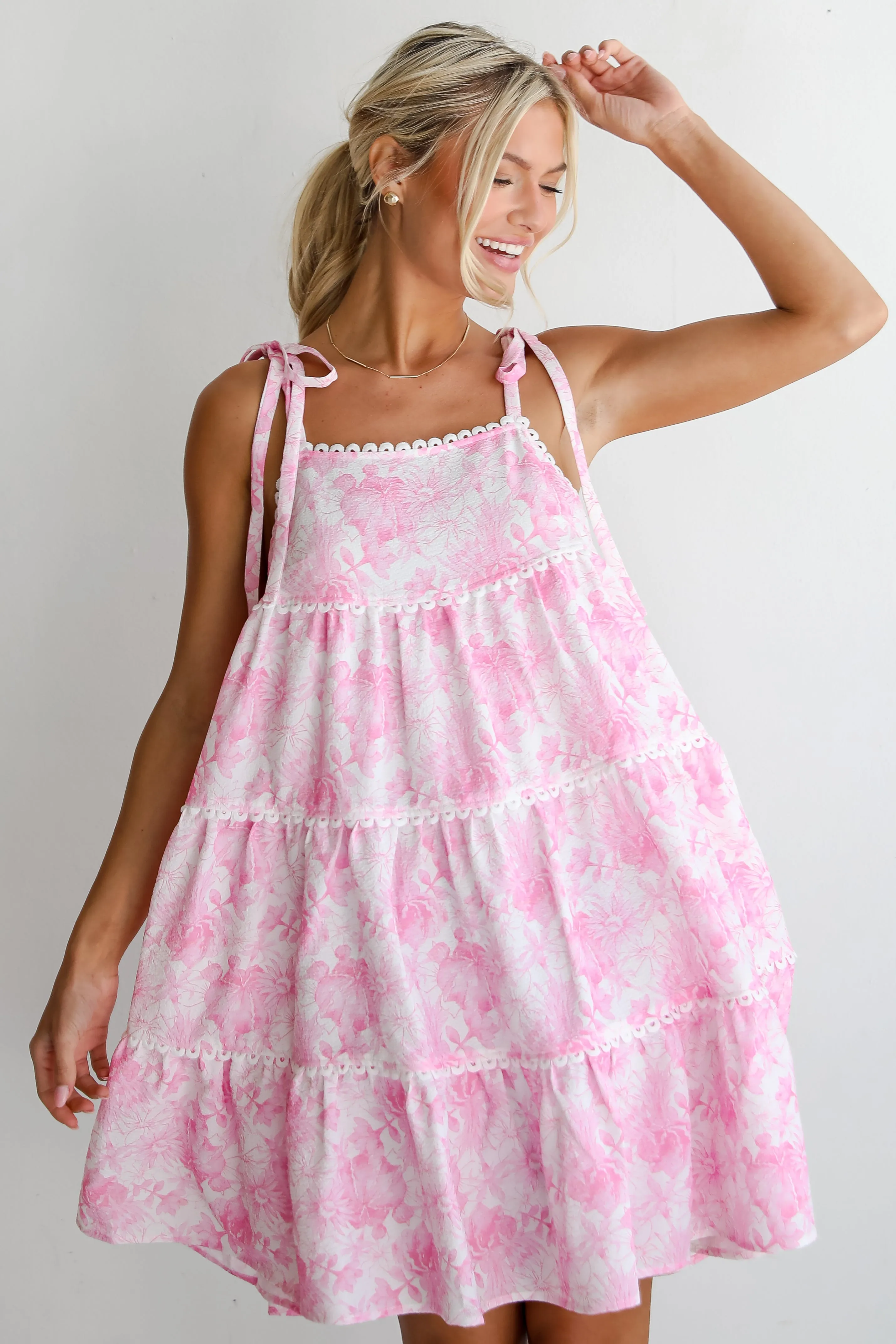 Delicate Addition Pink Floral Tiered Mini Dress