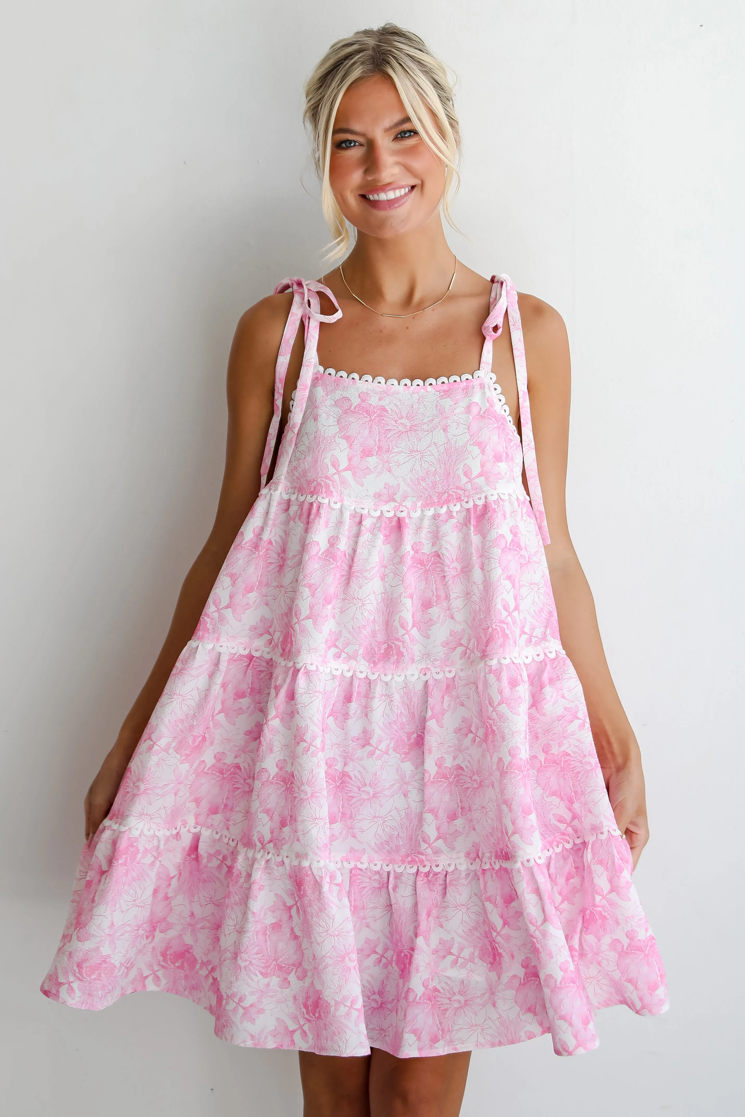 Delicate Addition Pink Floral Tiered Mini Dress