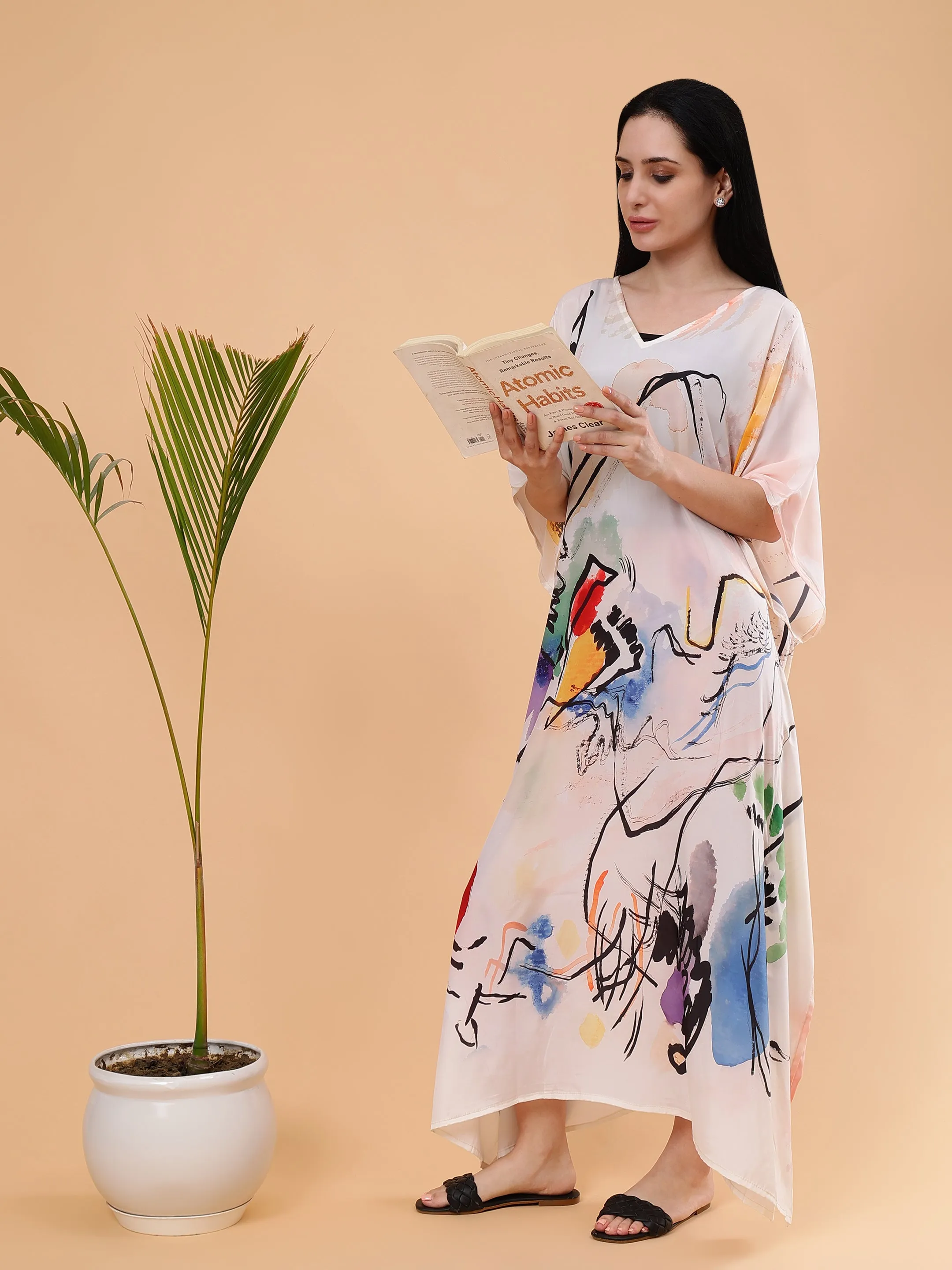 Digital Printed Feather silk Fabric Kaftan Midi Dress