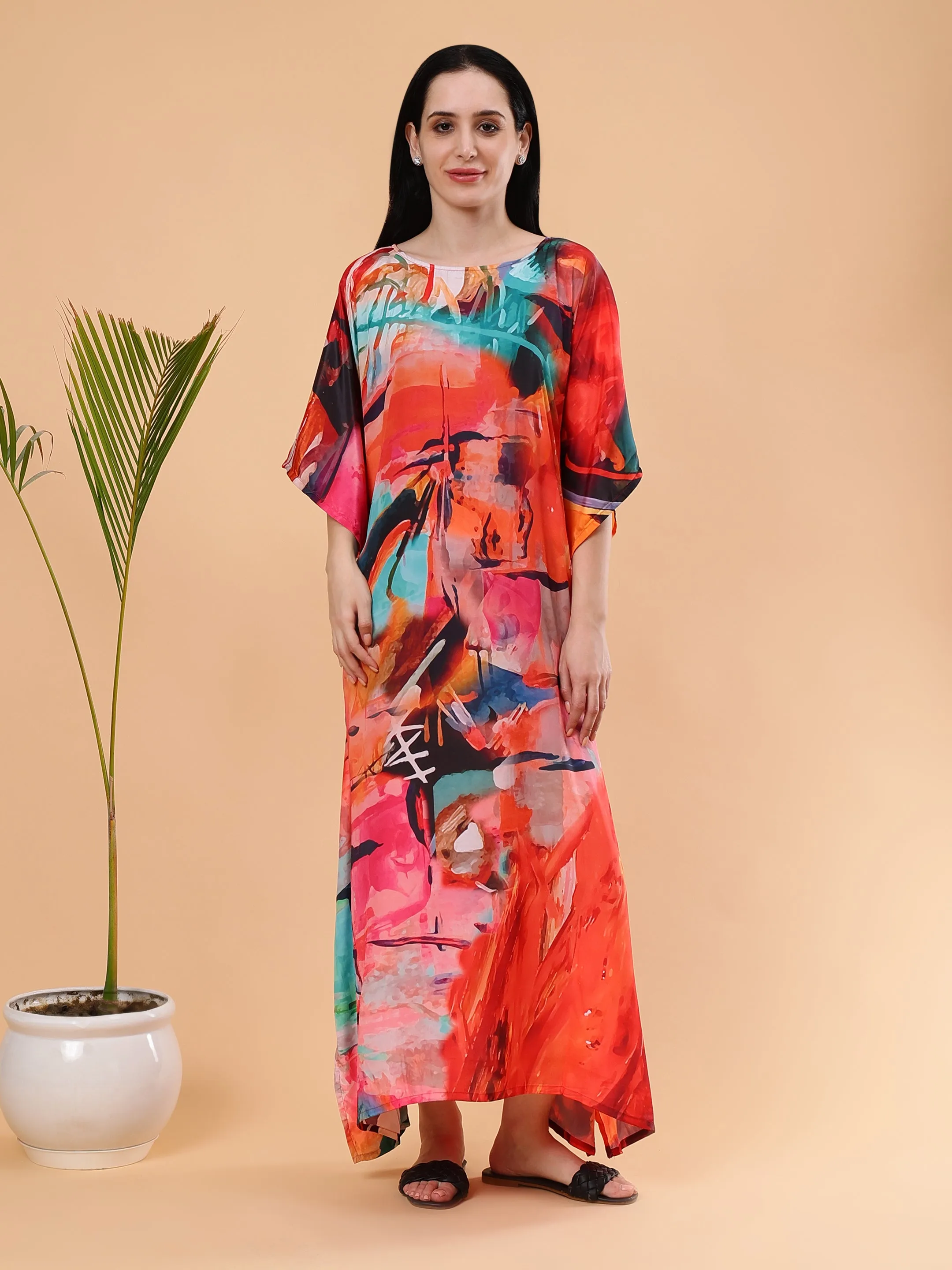 Digital Printed Feather silk Fabric Kaftan Midi Dress