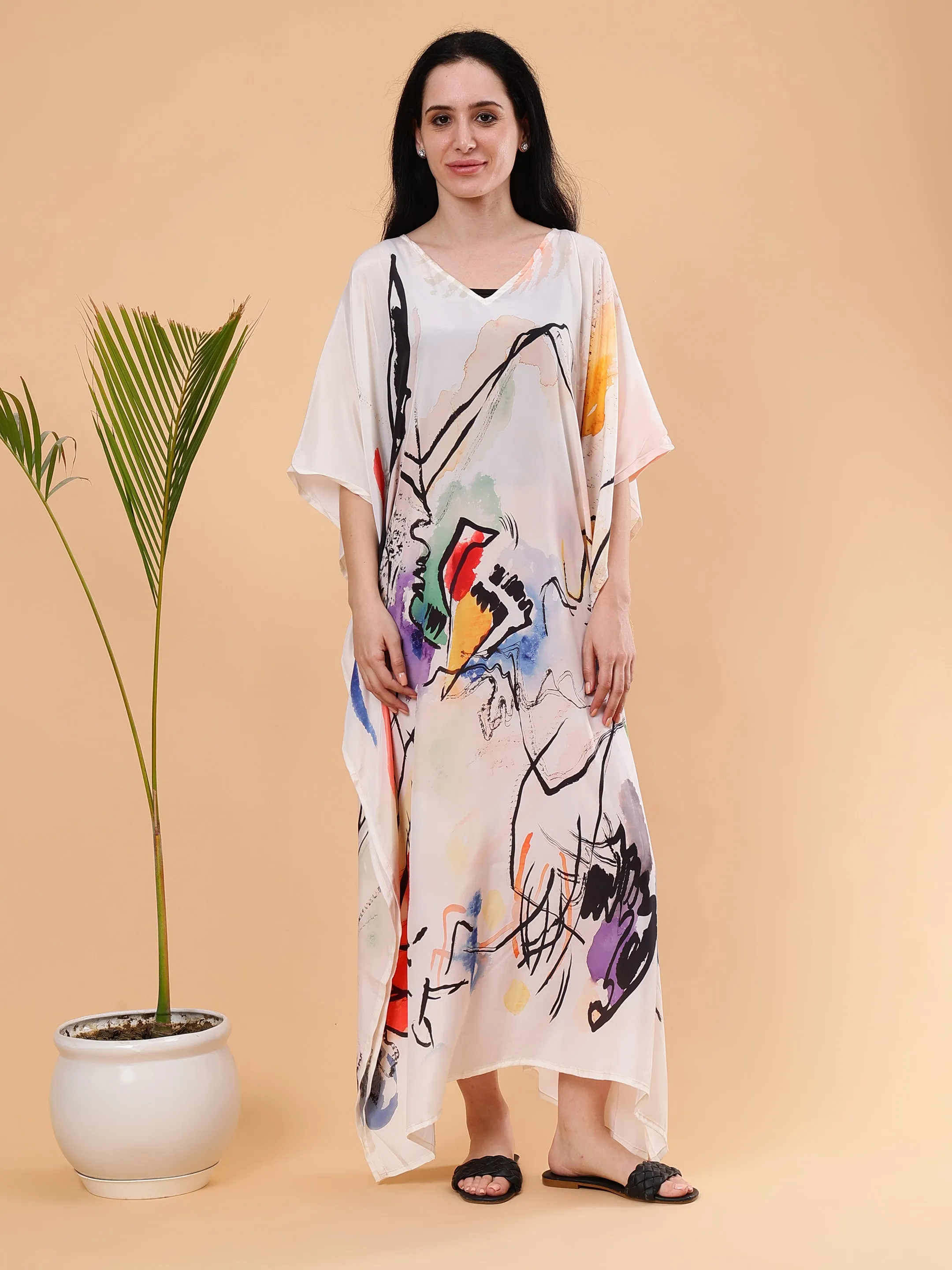 Digital Printed Feather silk Fabric Kaftan Midi Dress