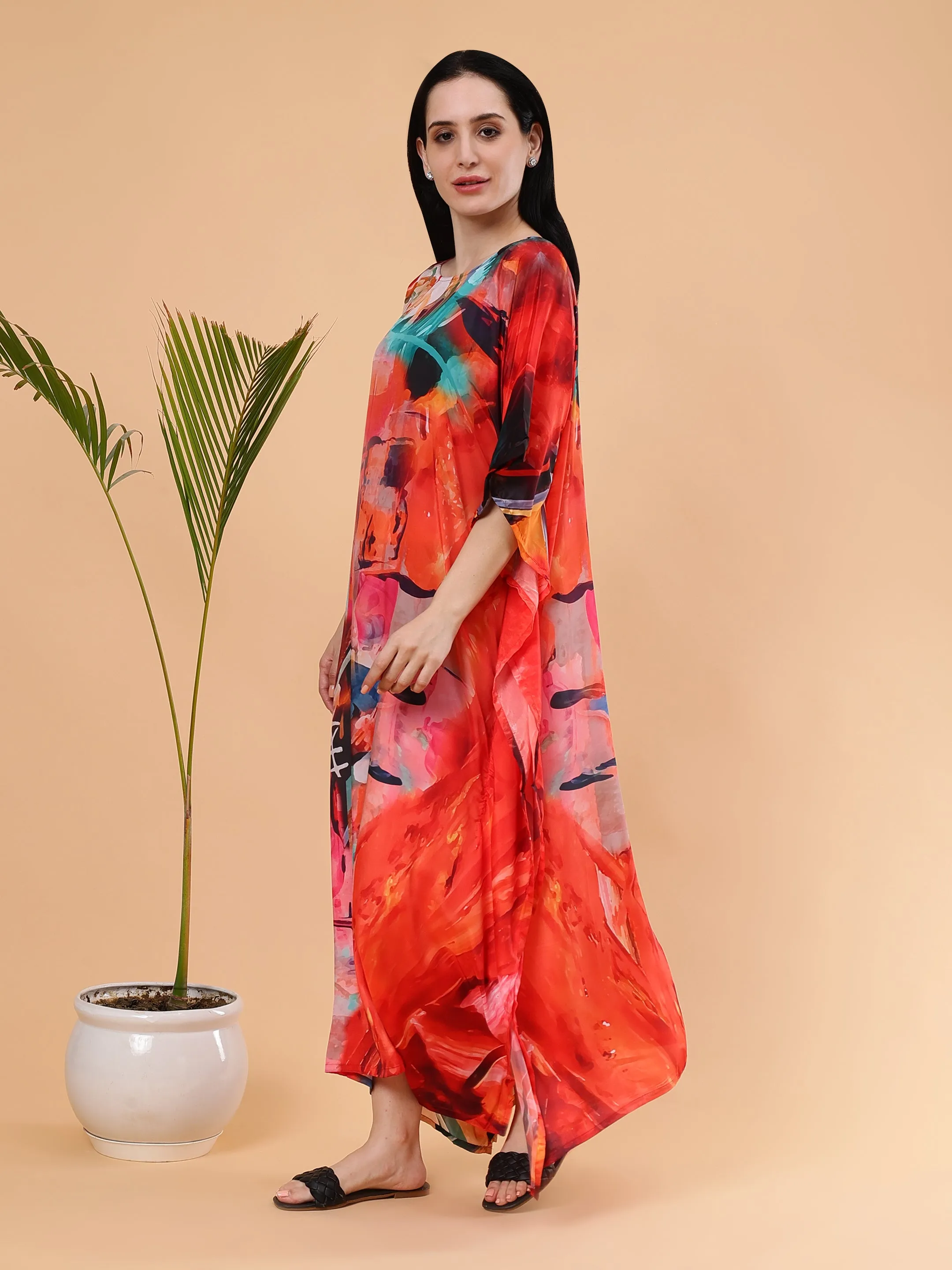 Digital Printed Feather silk Fabric Kaftan Midi Dress