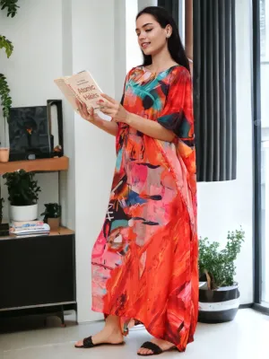 Digital Printed Feather silk Fabric Kaftan Midi Dress