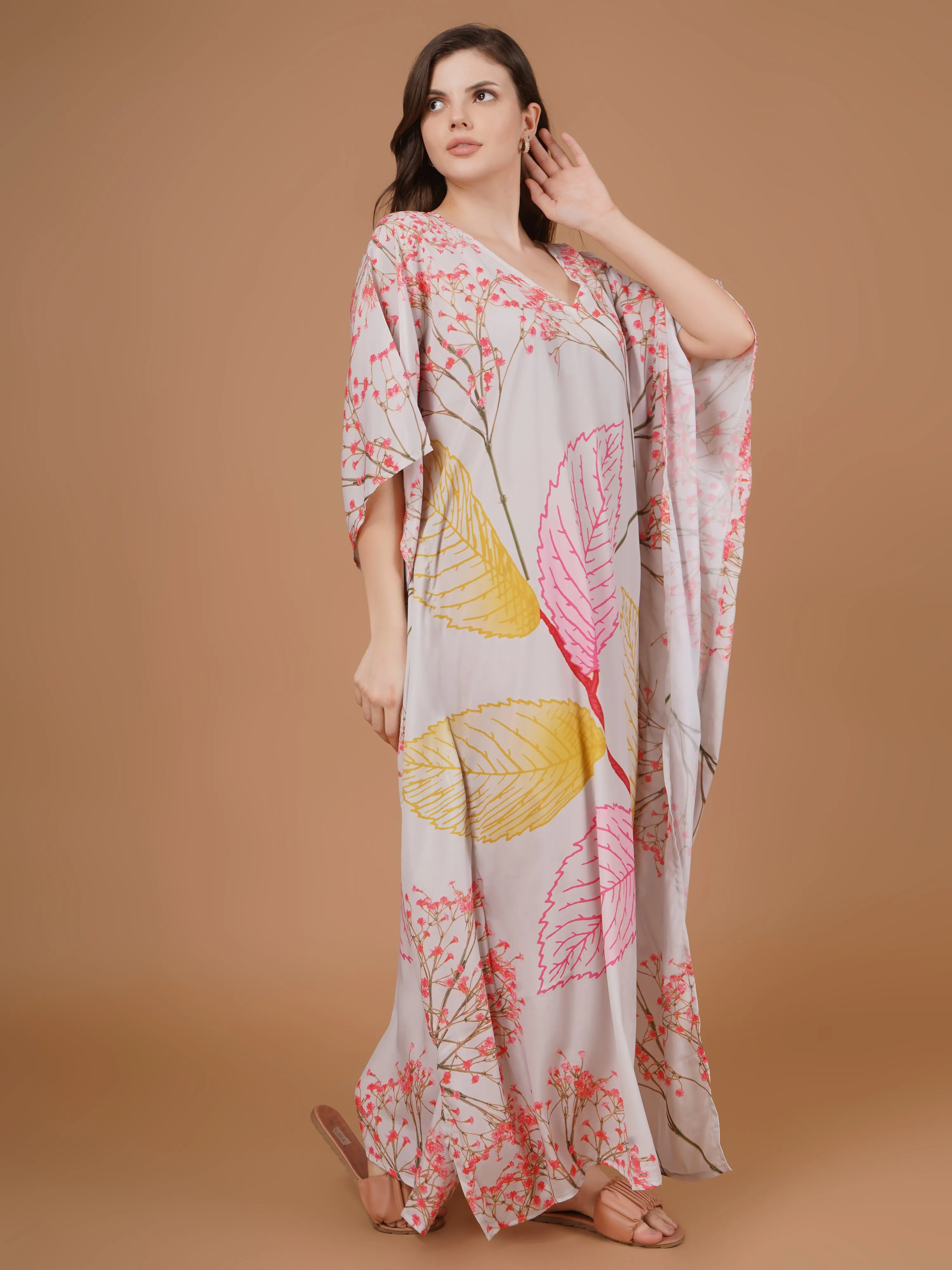 Digital Printed Feather Silk Fabric Kaftan Midi Dress