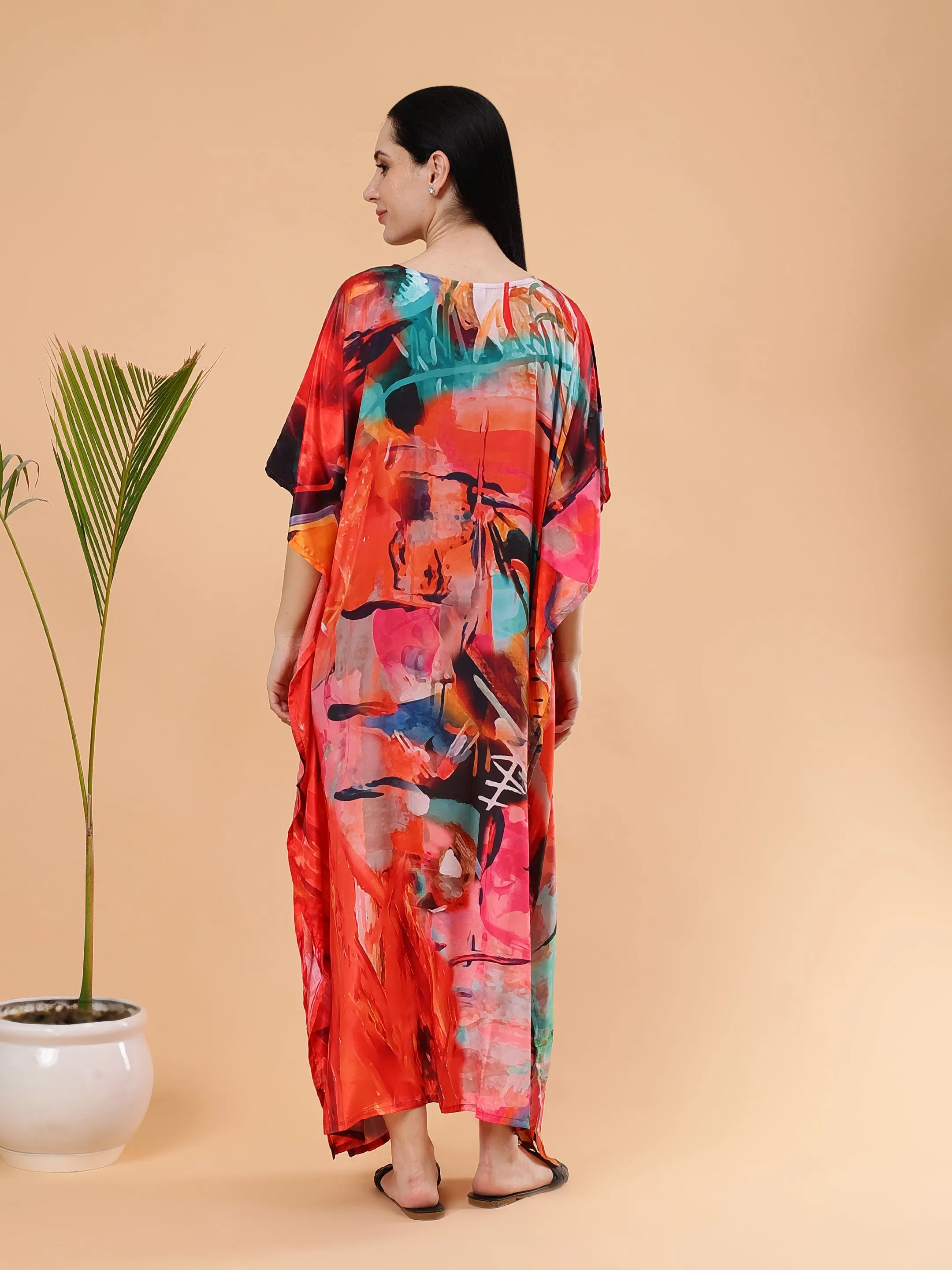 Digital Printed Feather silk Fabric Kaftan Midi Dress