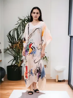 Digital Printed Feather silk Fabric Kaftan Midi Dress