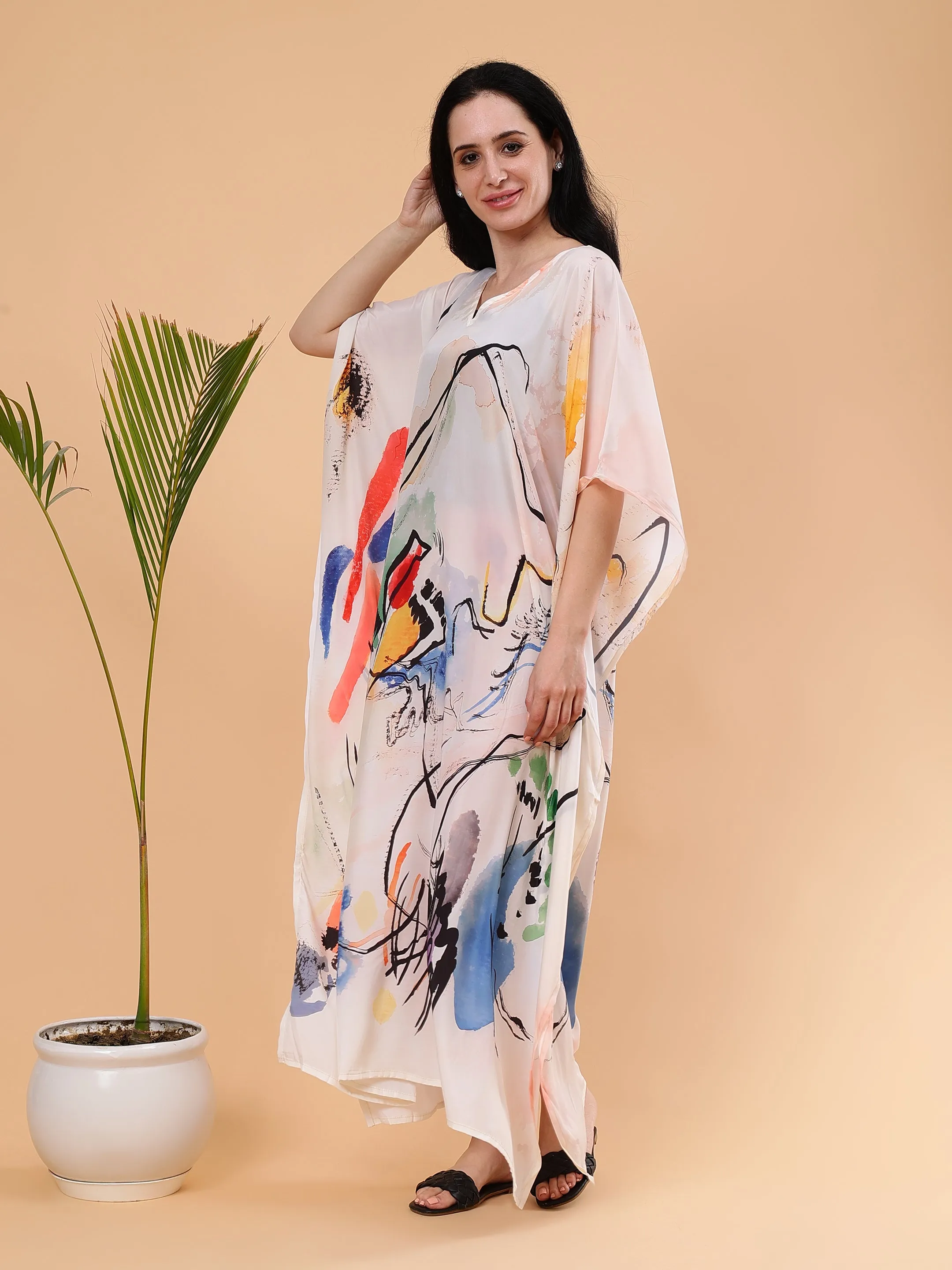 Digital Printed Feather silk Fabric Kaftan Midi Dress