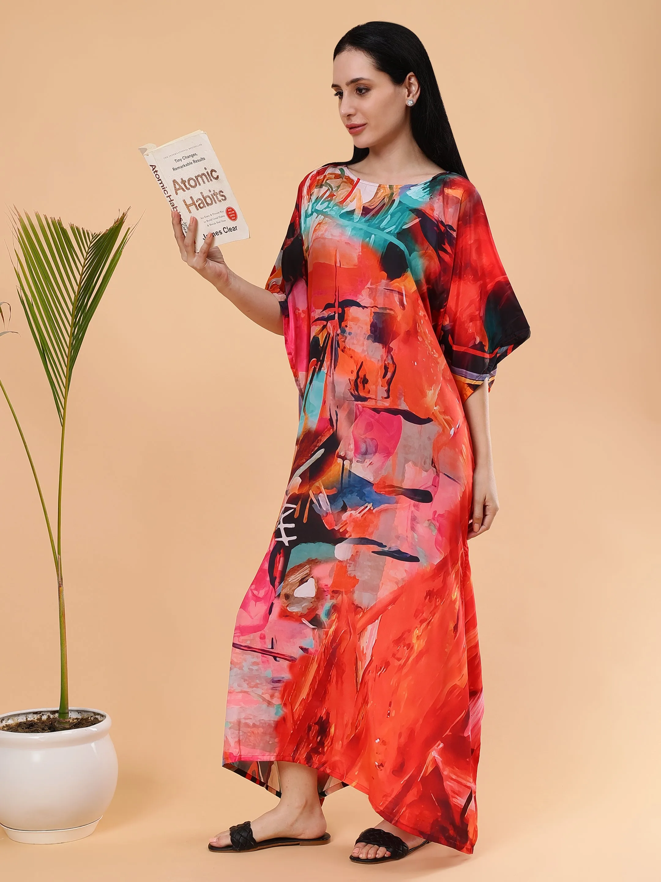 Digital Printed Feather silk Fabric Kaftan Midi Dress