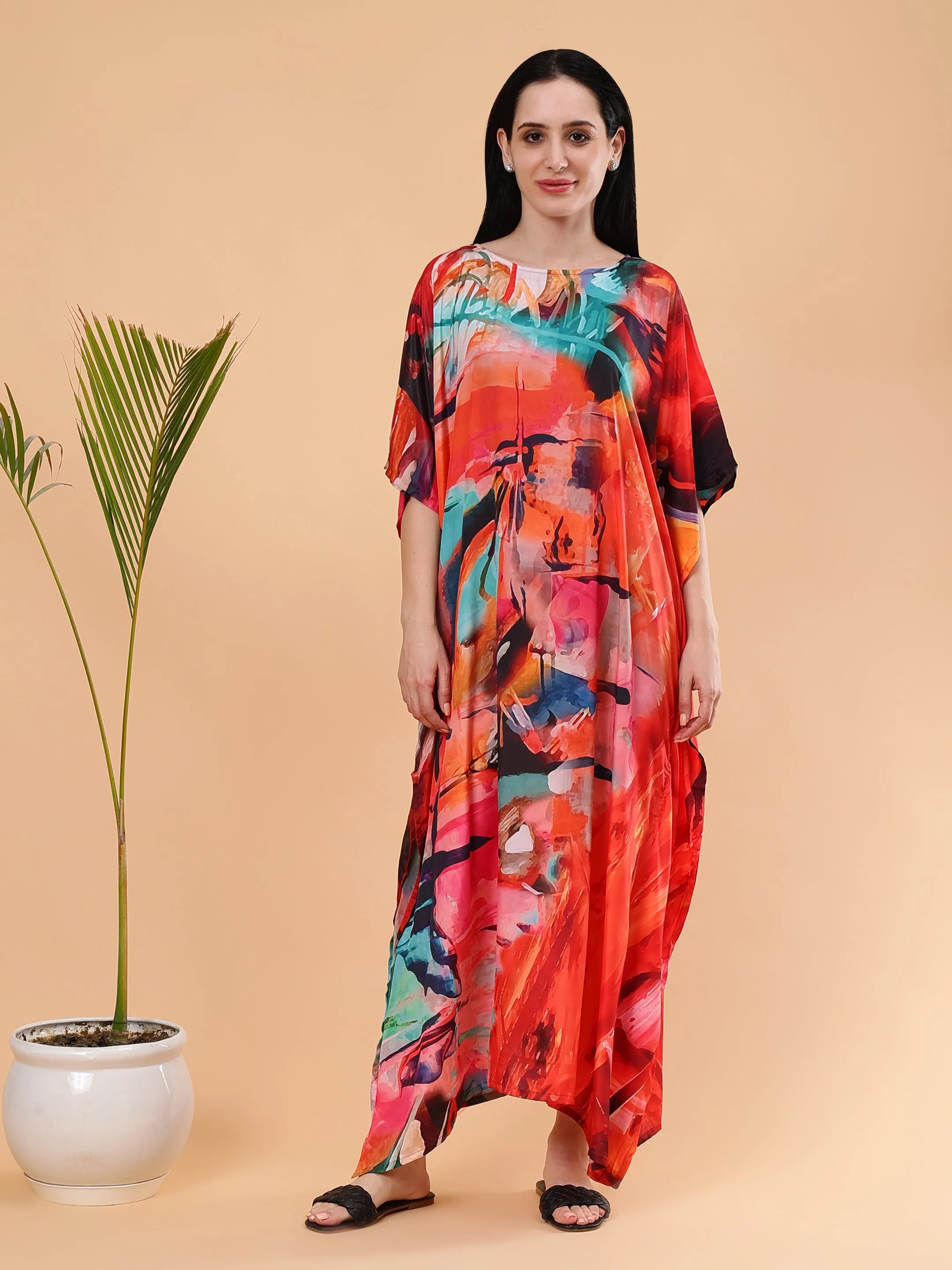 Digital Printed Feather silk Fabric Kaftan Midi Dress