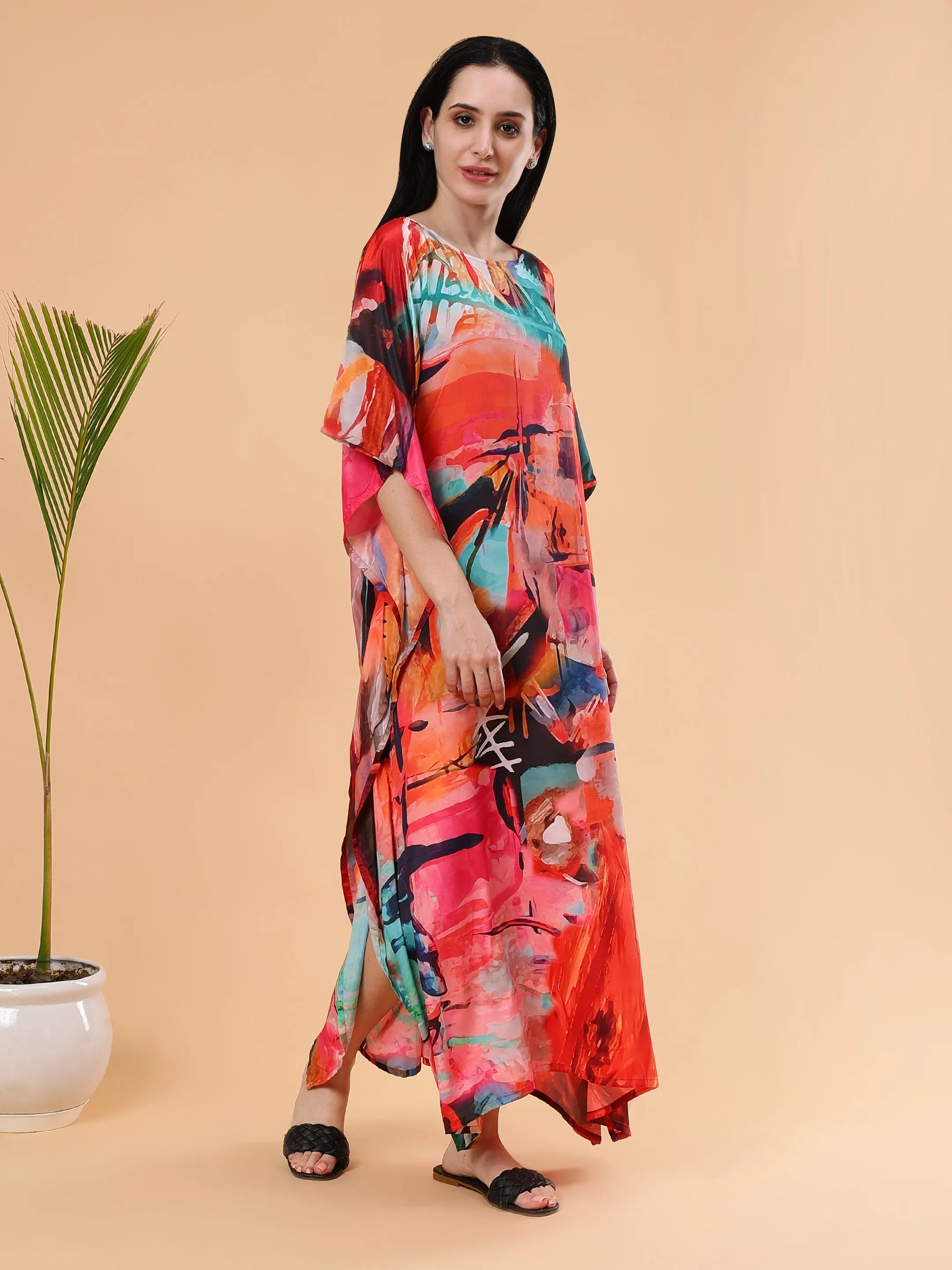 Digital Printed Feather silk Fabric Kaftan Midi Dress