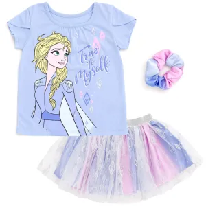 Disney Frozen Queen Elsa Cosplay T-Shirt Mesh Skirt and Scrunchie 3 Piece Outfit Set