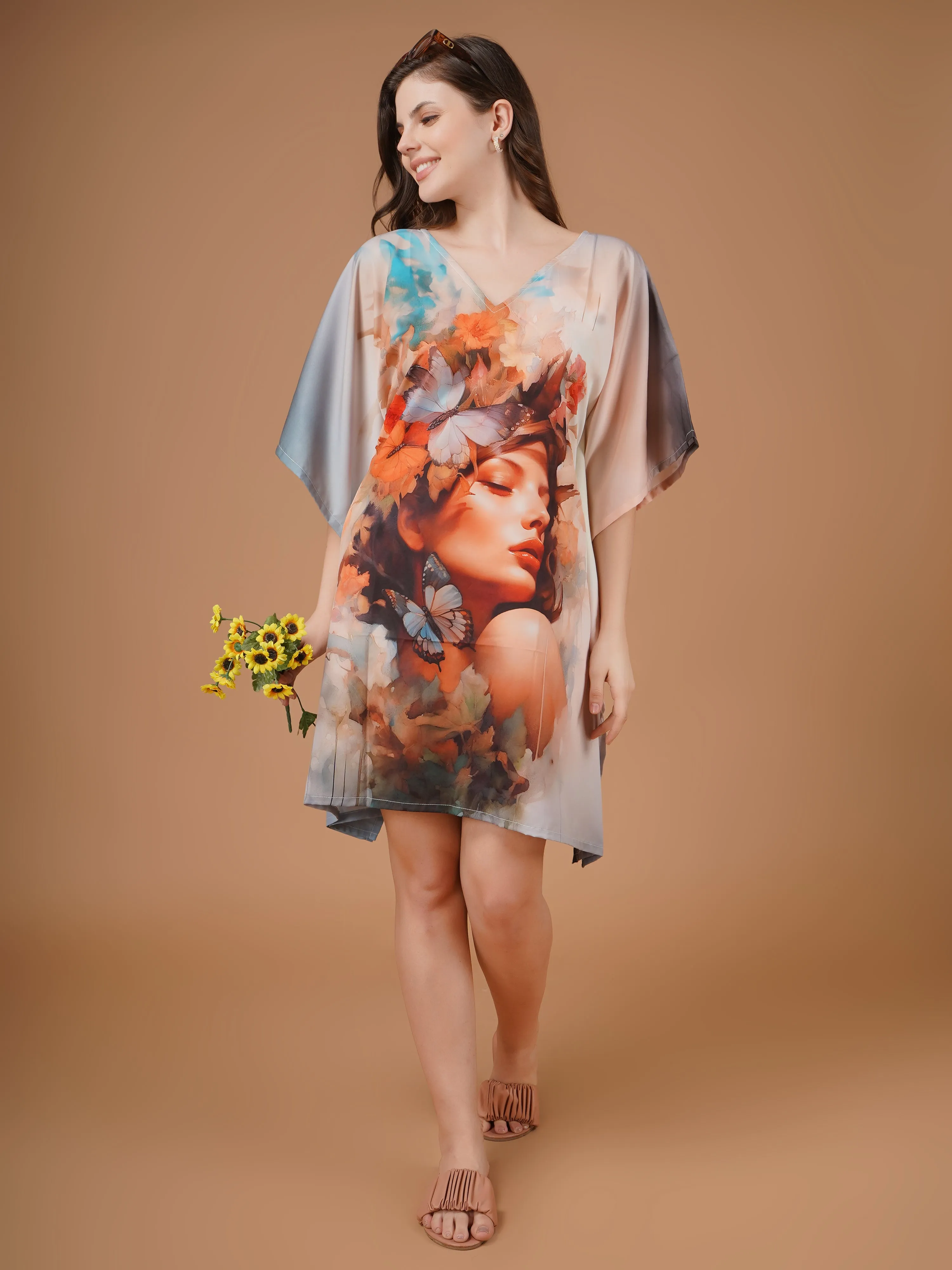 Feminity Digital Printed Feather silk Fabric Kaftan Midi Dress