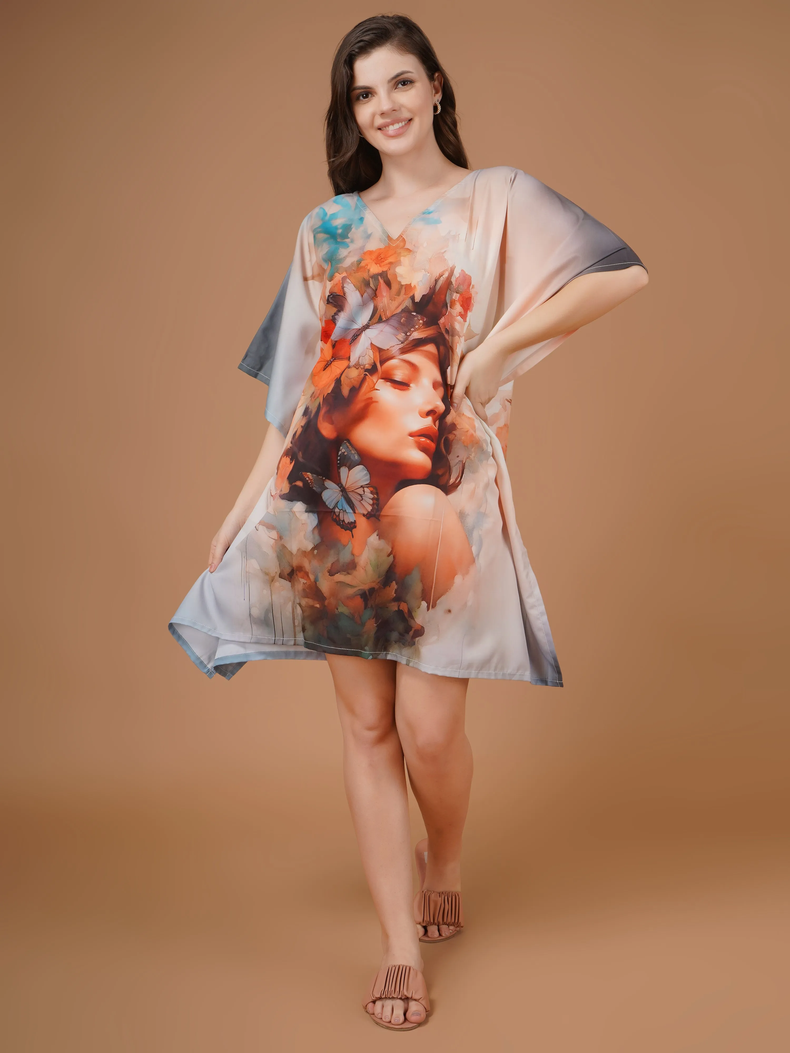 Feminity Digital Printed Feather silk Fabric Kaftan Midi Dress