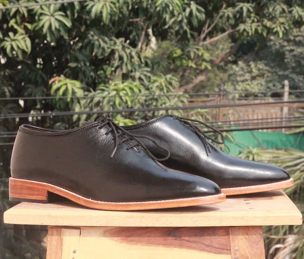 Handmade Men's Black Whole Cut Leather Shoes, Men Lace Up Dress Formal Shoes