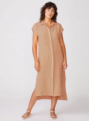 Linen Short Sleeve Maxi Shirt Dress in Cafe