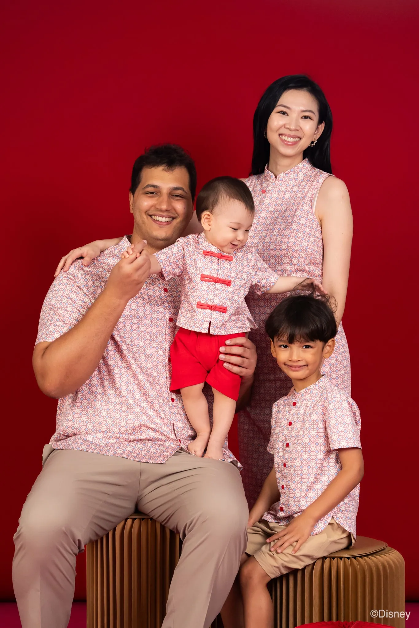 Men's Mandarin-collared Shirt - Pink Mickey Tiles