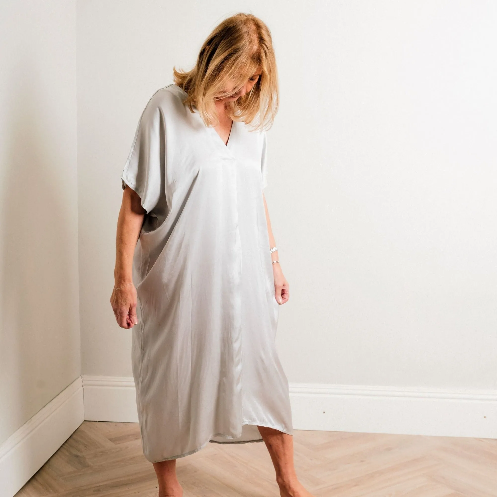 Silver Silky Soft Mid Length Kaftan Day and Beach Dress.