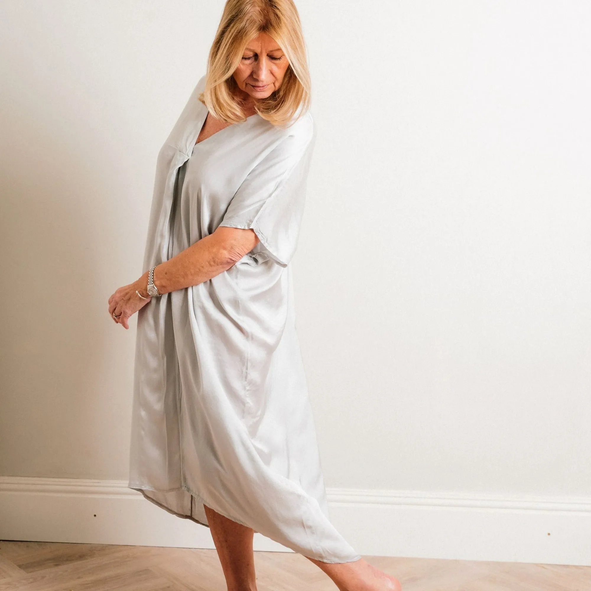 Silver Silky Soft Mid Length Kaftan Day and Beach Dress.