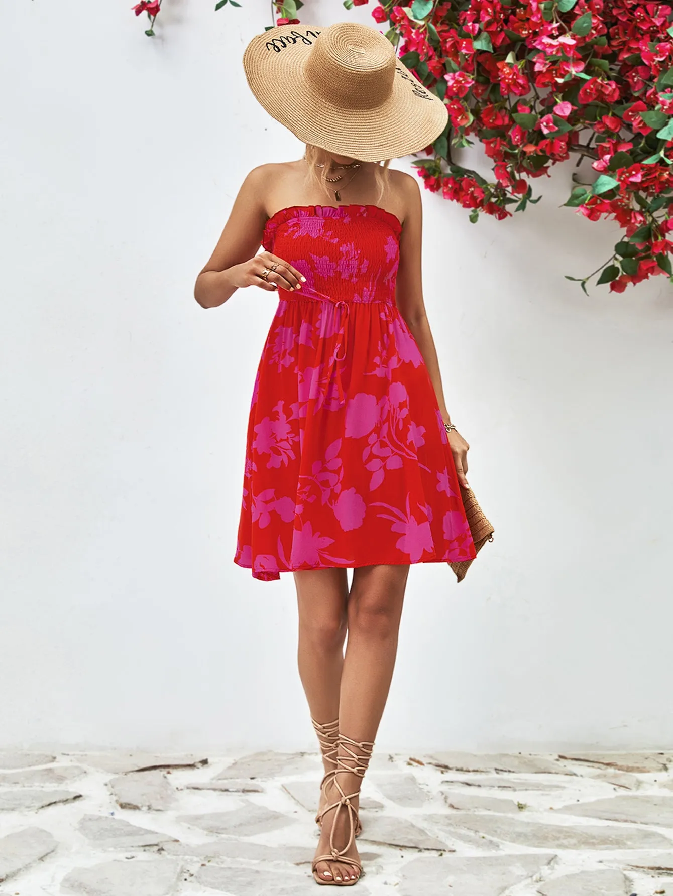 Strapless Rouched Top Floral Dress