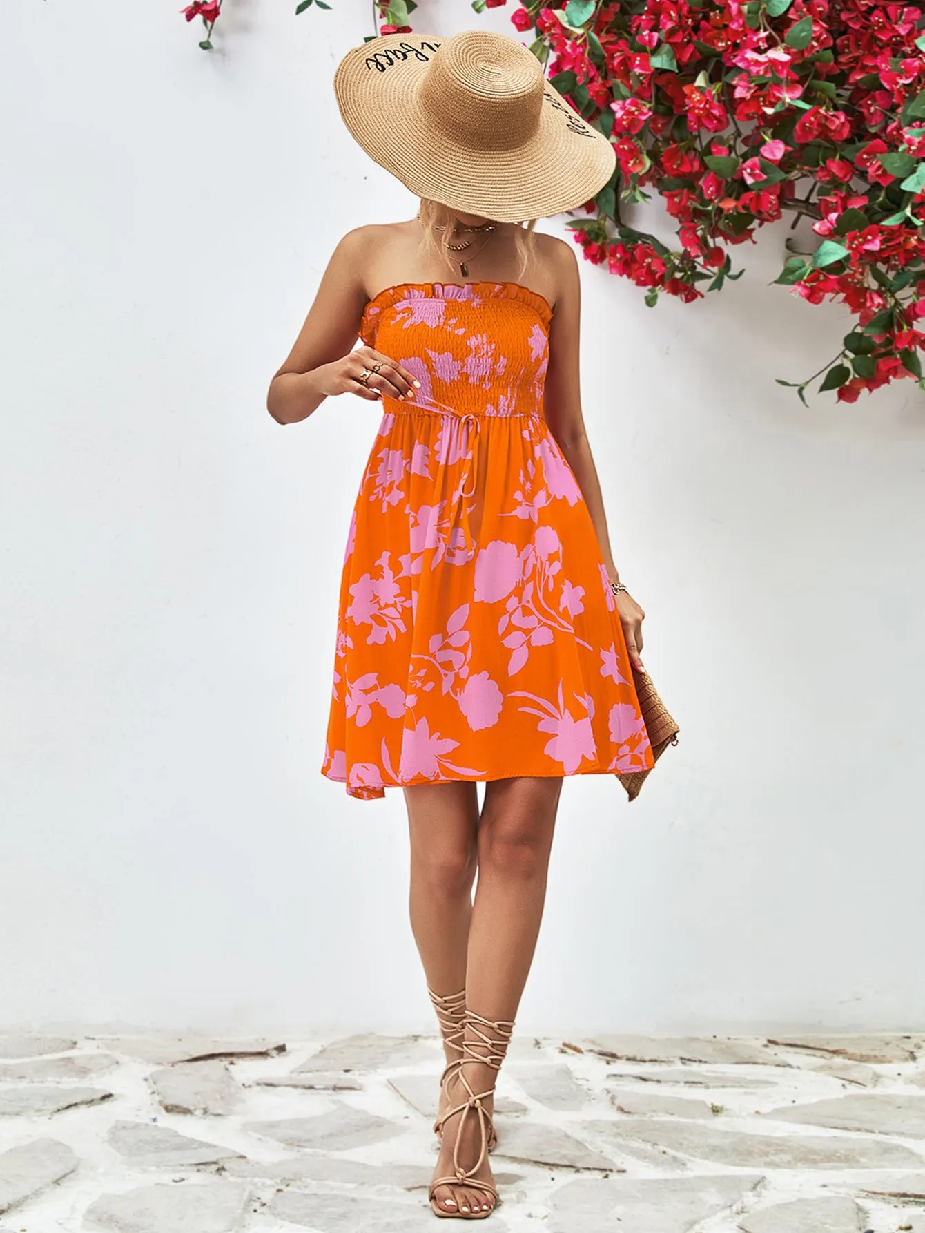 Strapless Rouched Top Floral Dress